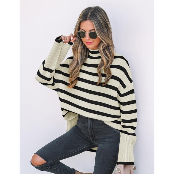 Women's Winter Turtleneck Sweater Casual Stripe Long Sleeve Pull Over Top - Picture 4 of 8
